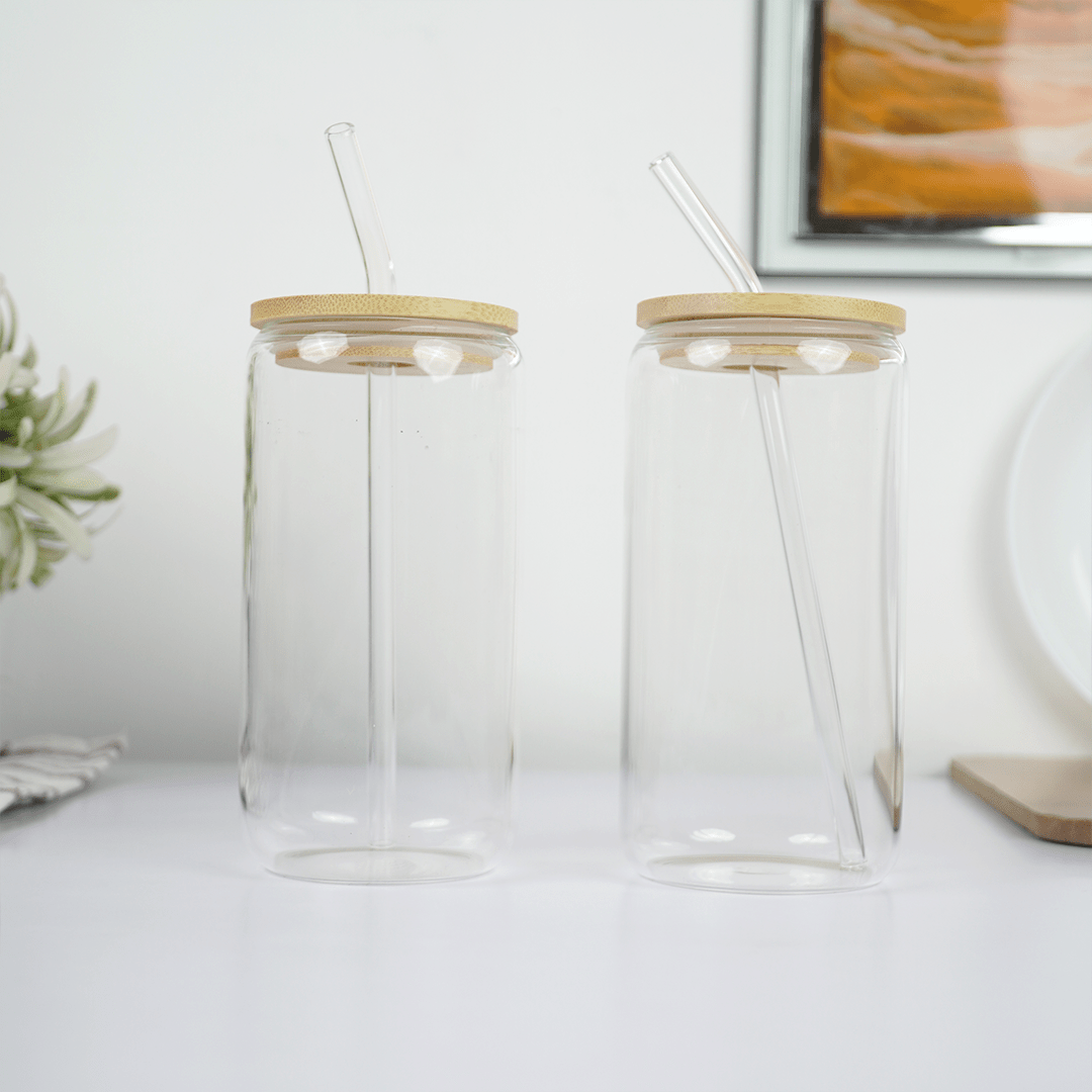 Clear Glass Tumbler with Bamboo Lid & Reusable Glass Straw - Memories Insite